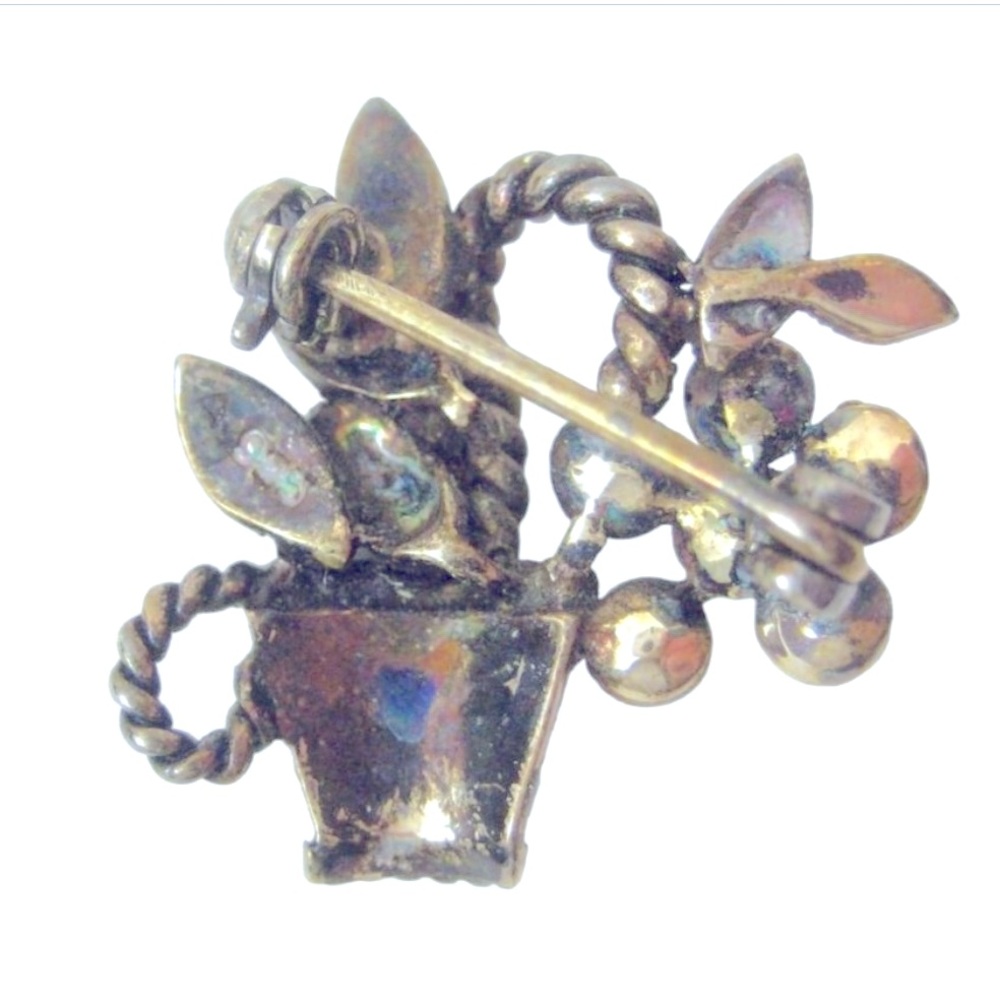 Vintage Flower Basket Pin  .925 Sterling Silver, Marcasite, Leaves, Faux Pearl - Picture 3 of 4